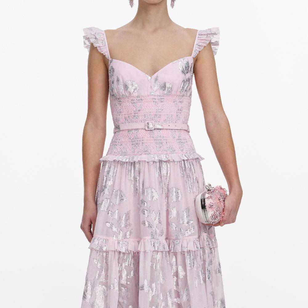 Self Portrait Pink Metallic Chiffon Flower Maxi Dress CLOTHING