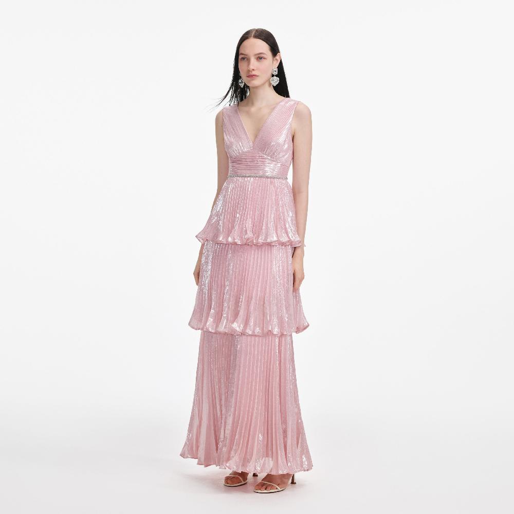 Self Portrait Pink Metallic Tiered Maxi Dress CLOTHING