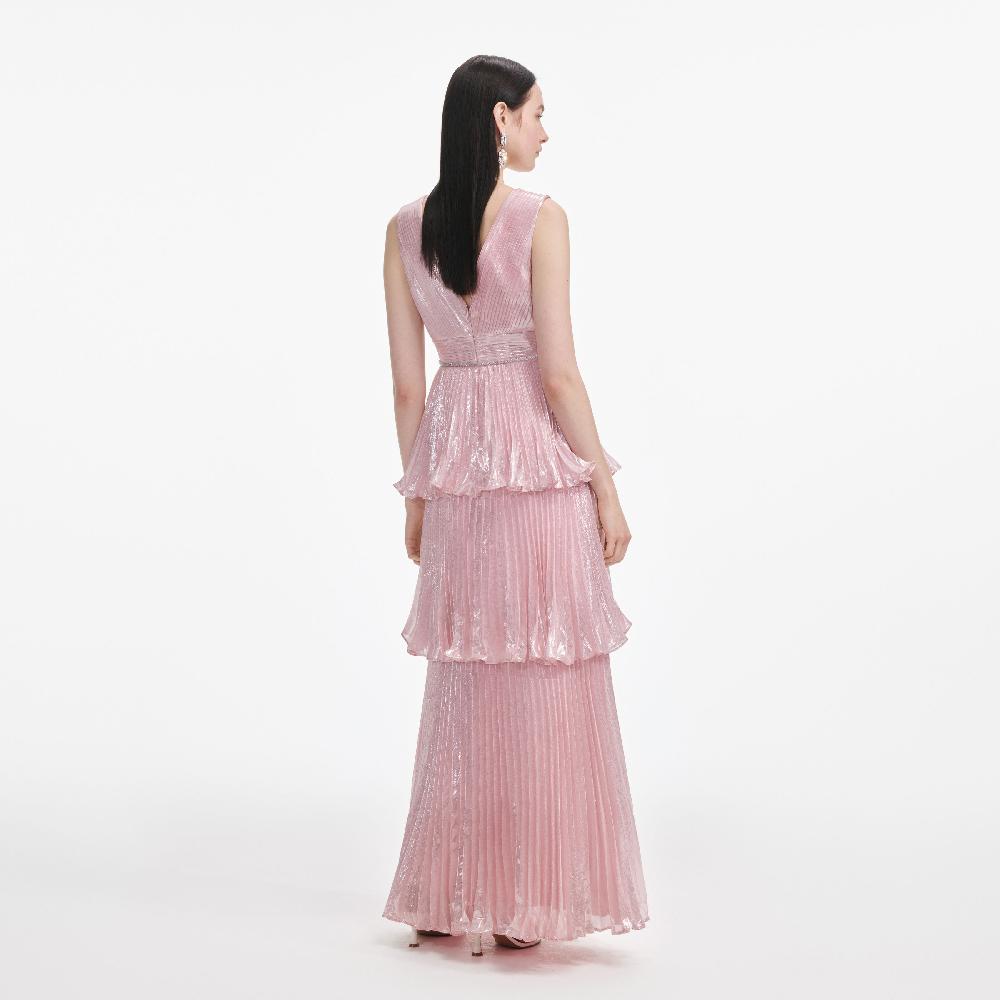 Self Portrait Pink Metallic Tiered Maxi Dress CLOTHING