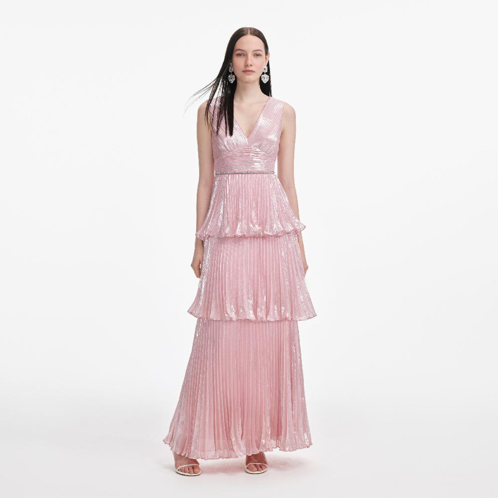 self portrait Pink Metallic Tiered Maxi Dress CLOTHING