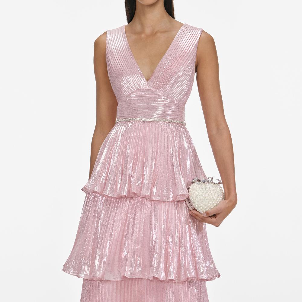 Self Portrait Pink Metallic Tiered Midi Dress CLOTHING