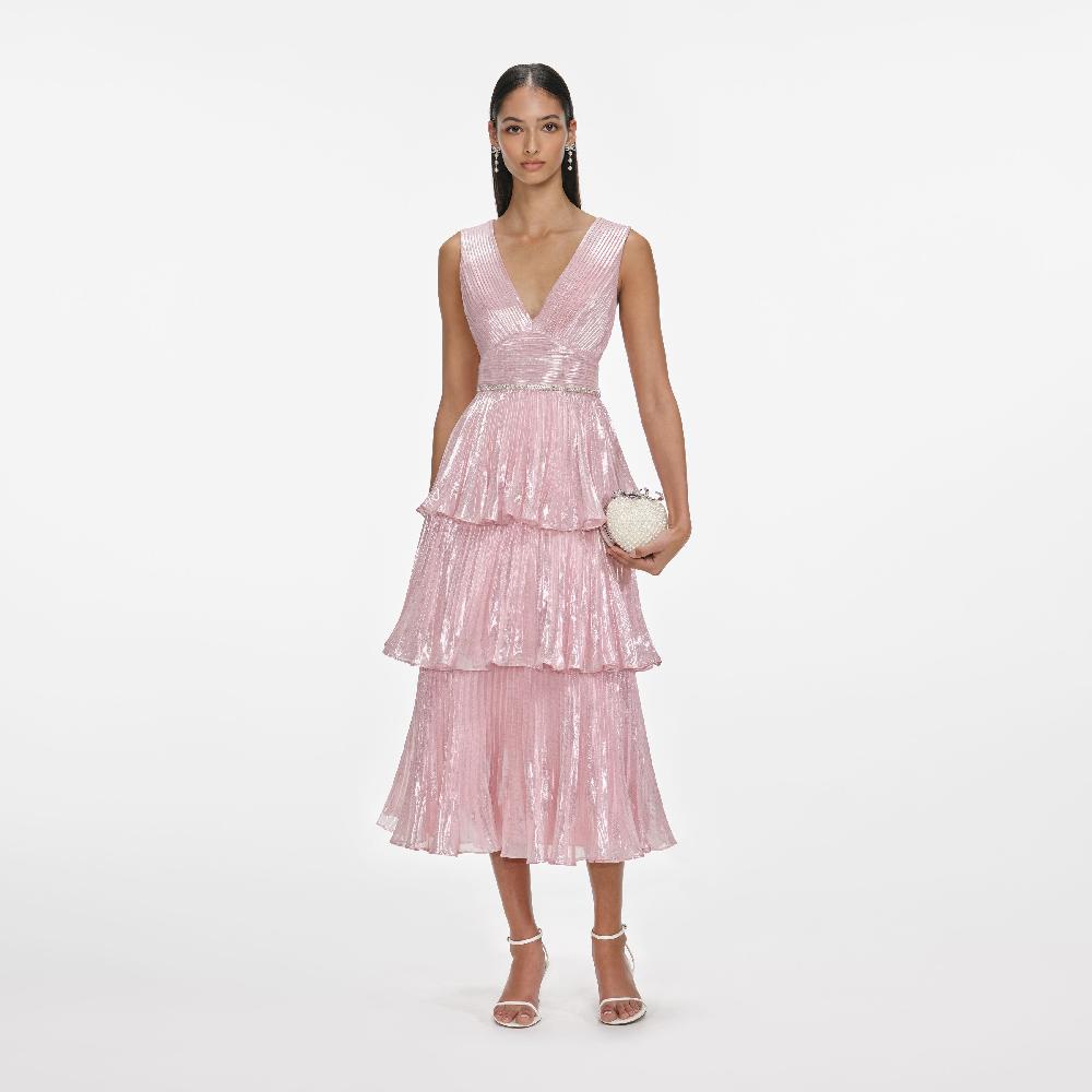 self portrait Pink Metallic Tiered Midi Dress CLOTHING