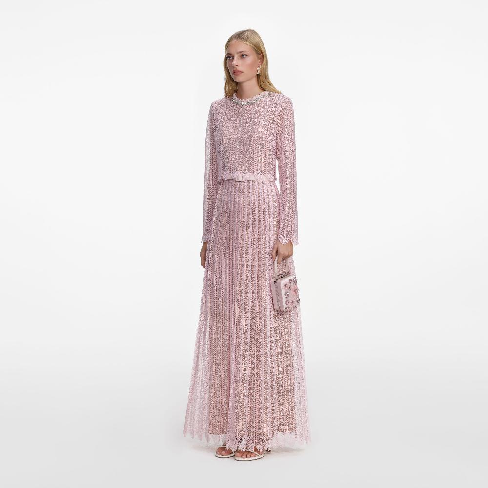 Self Portrait Pink Organza Lace Maxi Dress CLOTHING