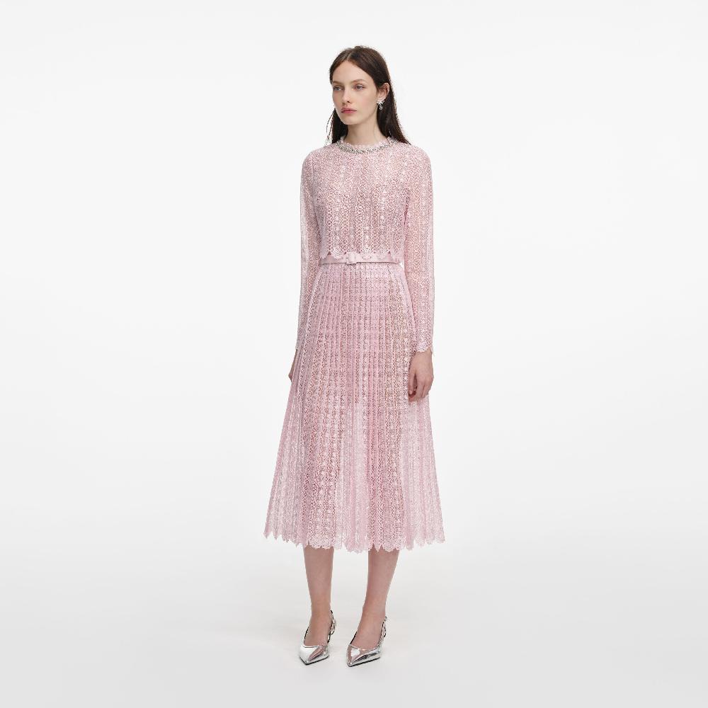 Self Portrait Pink Organza Lace Midi Dress CLOTHING