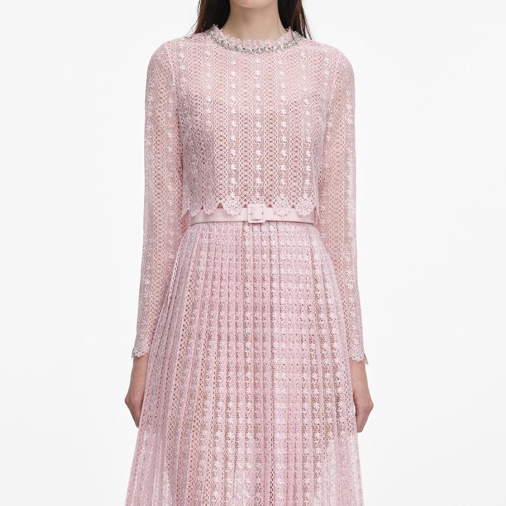 Self Portrait Pink Organza Lace Midi Dress CLOTHING