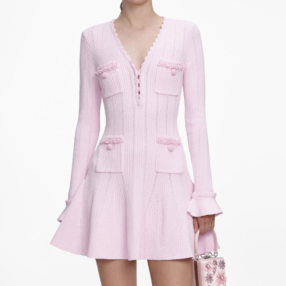 Self Portrait Pink Pearl Trim Knit Mini Dress CLOTHING