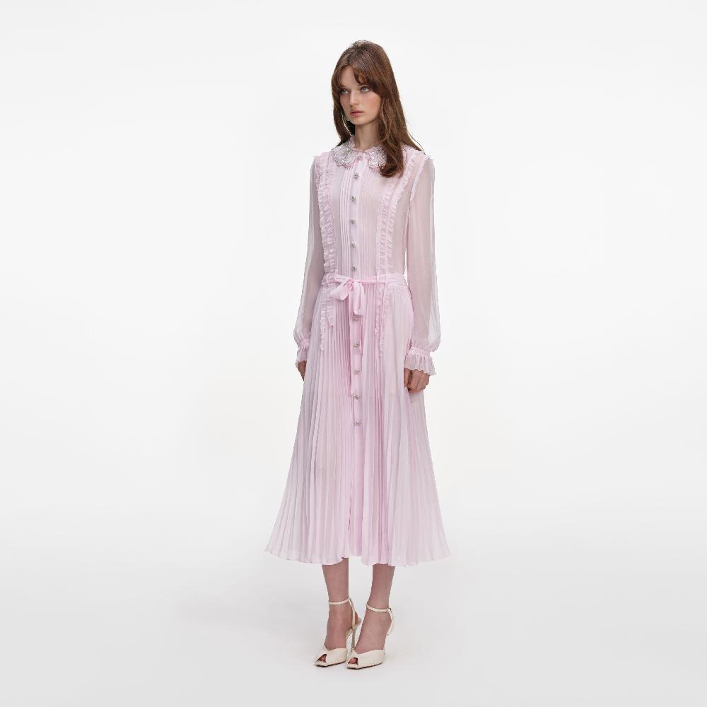 Self Portrait Pink Pleated Georgette Midi Dress CLOTHING