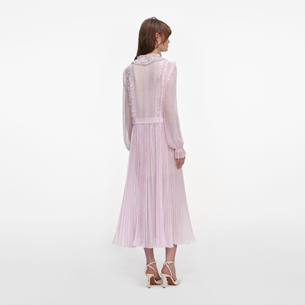 Self Portrait Pink Pleated Georgette Midi Dress CLOTHING