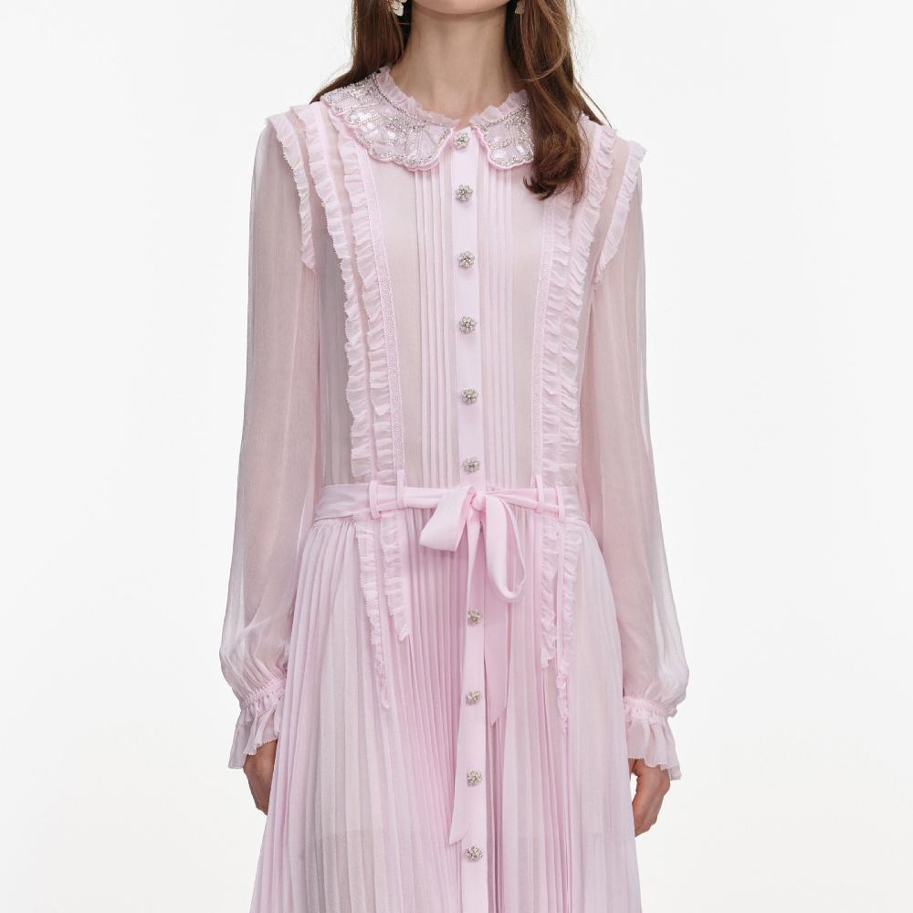 Self Portrait Pink Pleated Georgette Midi Dress CLOTHING