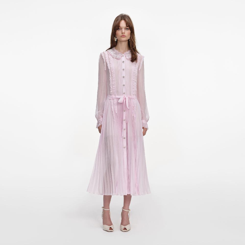 self portrait Pink Pleated Georgette Midi Dress CLOTHING
