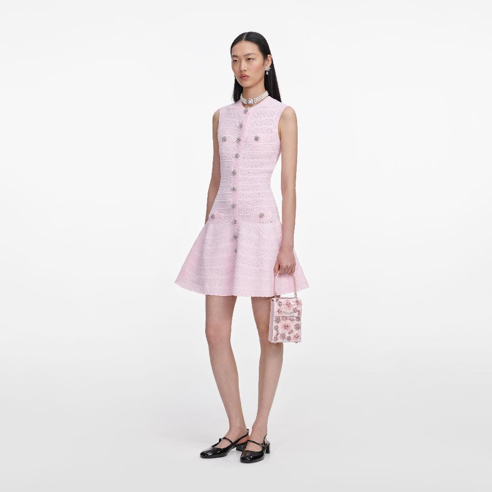 Self Portrait Pink Pointelle Diamante Knit Mini Dress CLOTHING