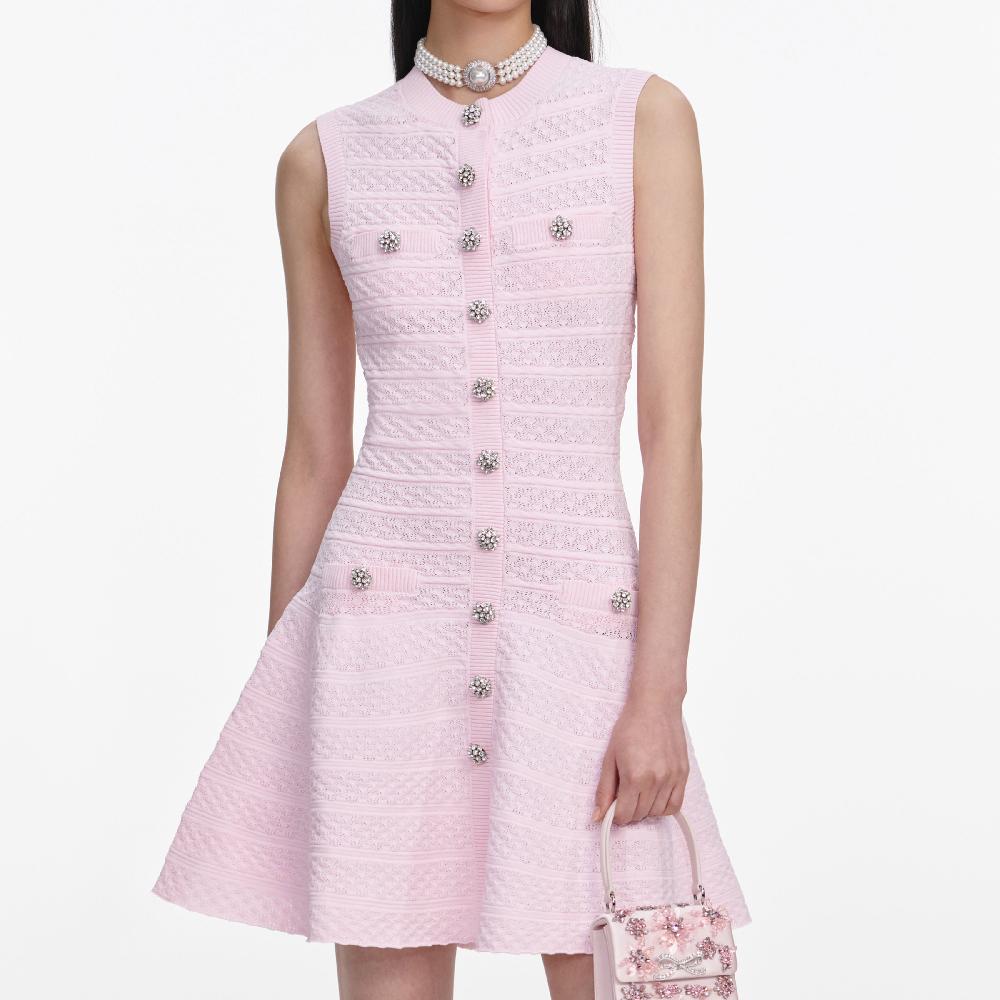 Self Portrait Pink Pointelle Diamante Knit Mini Dress CLOTHING