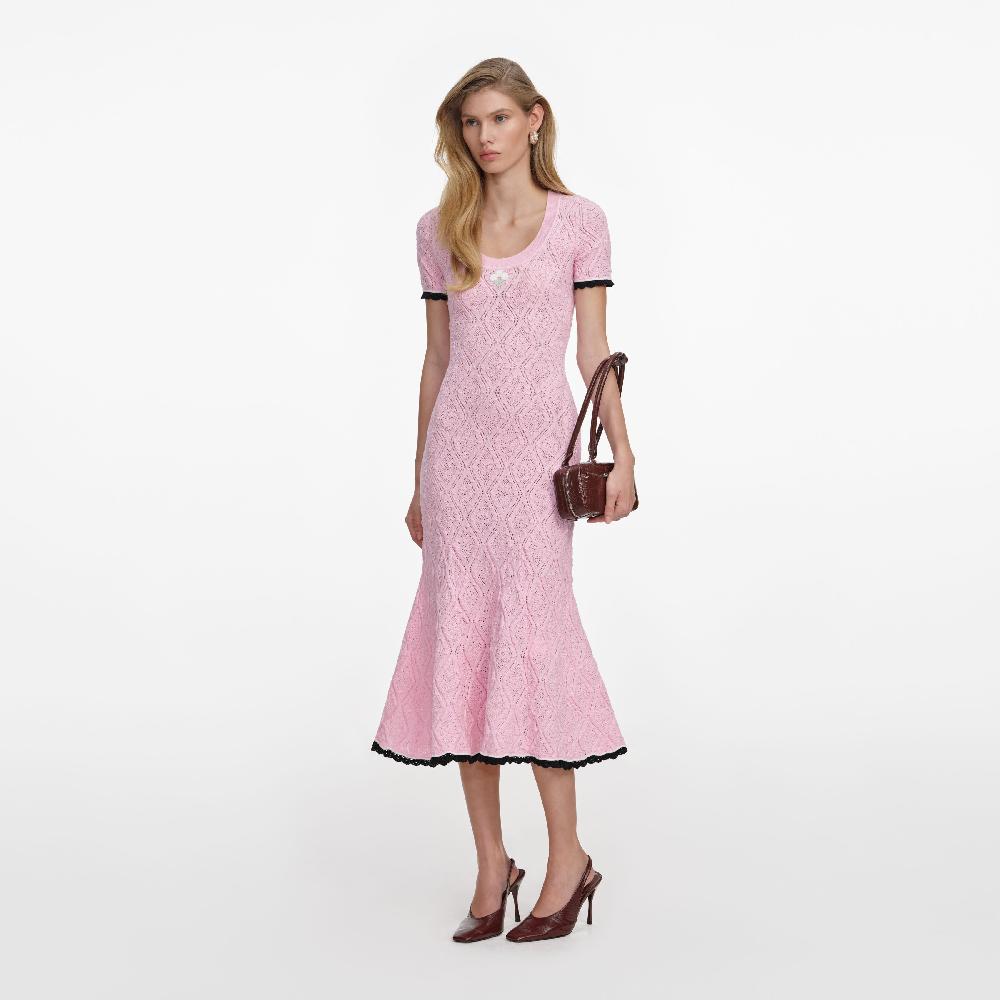 Self Portrait Pink Pointelle Knit Midi Dress CLOTHING