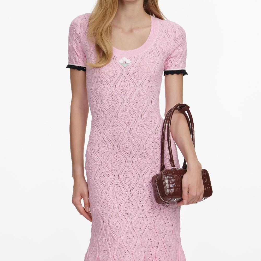 Self Portrait Pink Pointelle Knit Midi Dress CLOTHING