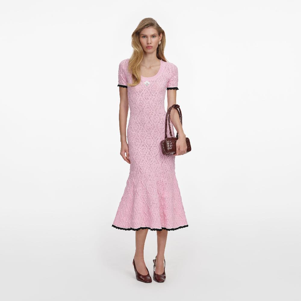 self portrait Pink Pointelle Knit Midi Dress CLOTHING