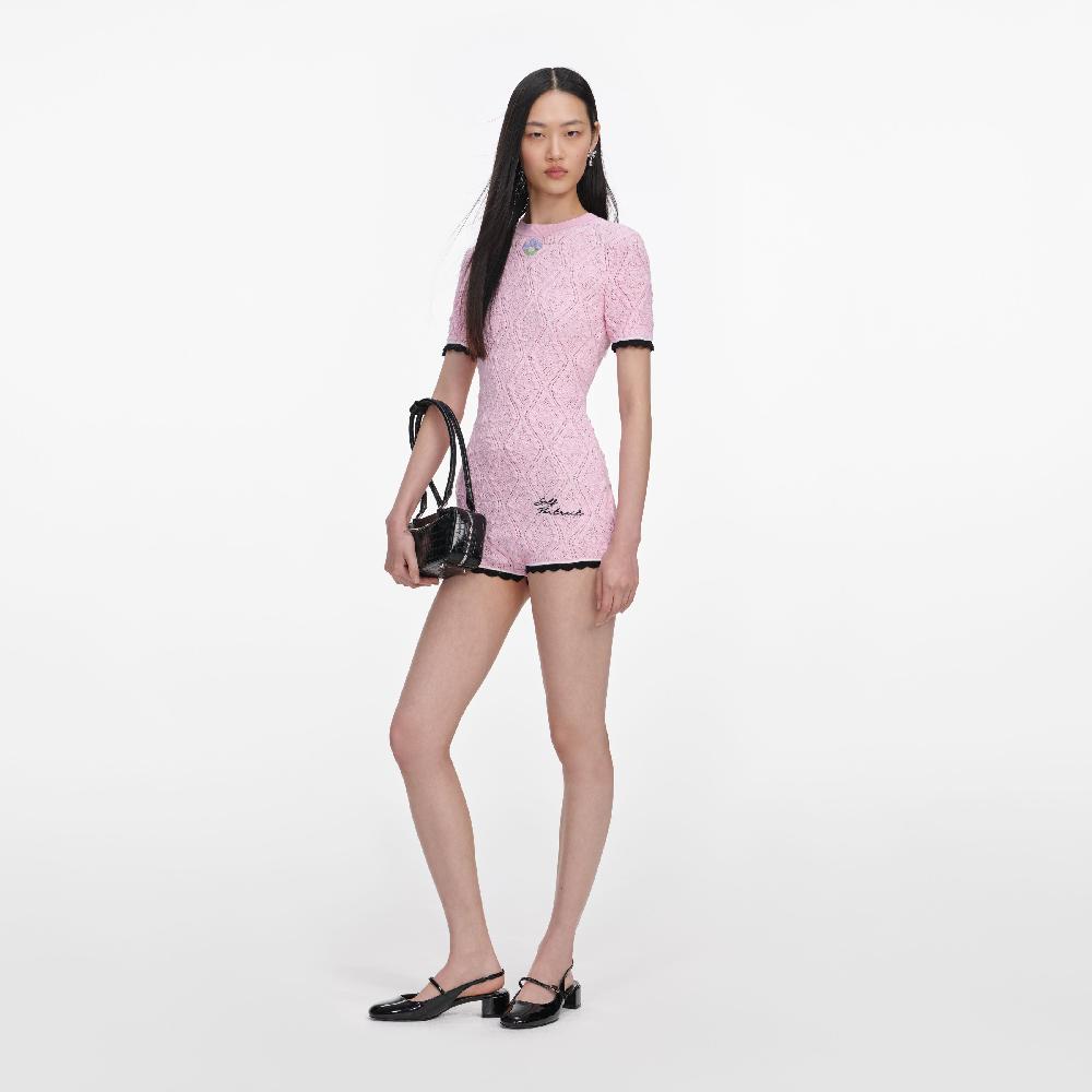 Self Portrait Pink Pointelle Knit Playsuit CLOTHING