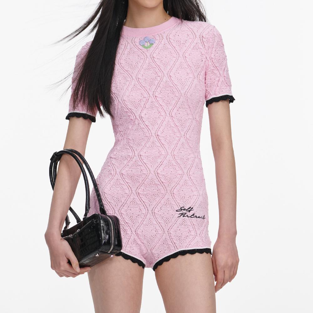 Self Portrait Pink Pointelle Knit Playsuit CLOTHING