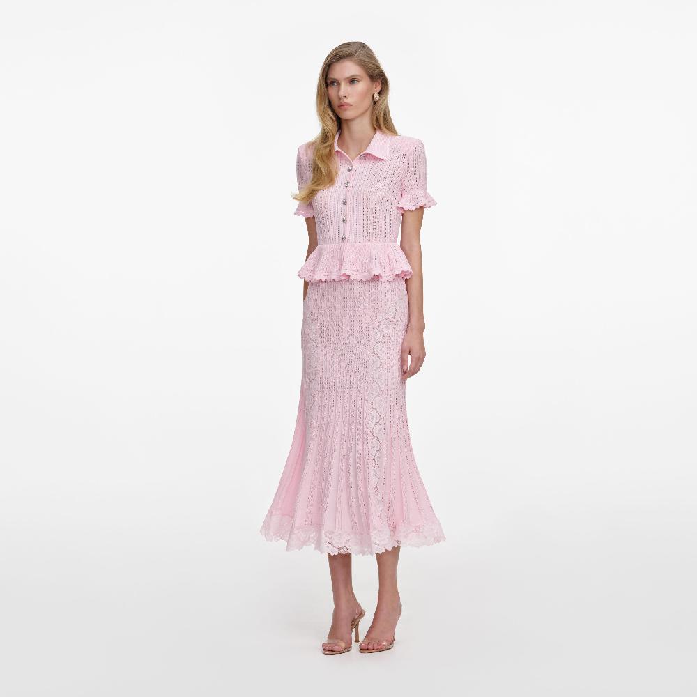 Self Portrait Pink Pointelle Peplum Knit Midi Dress CLOTHING