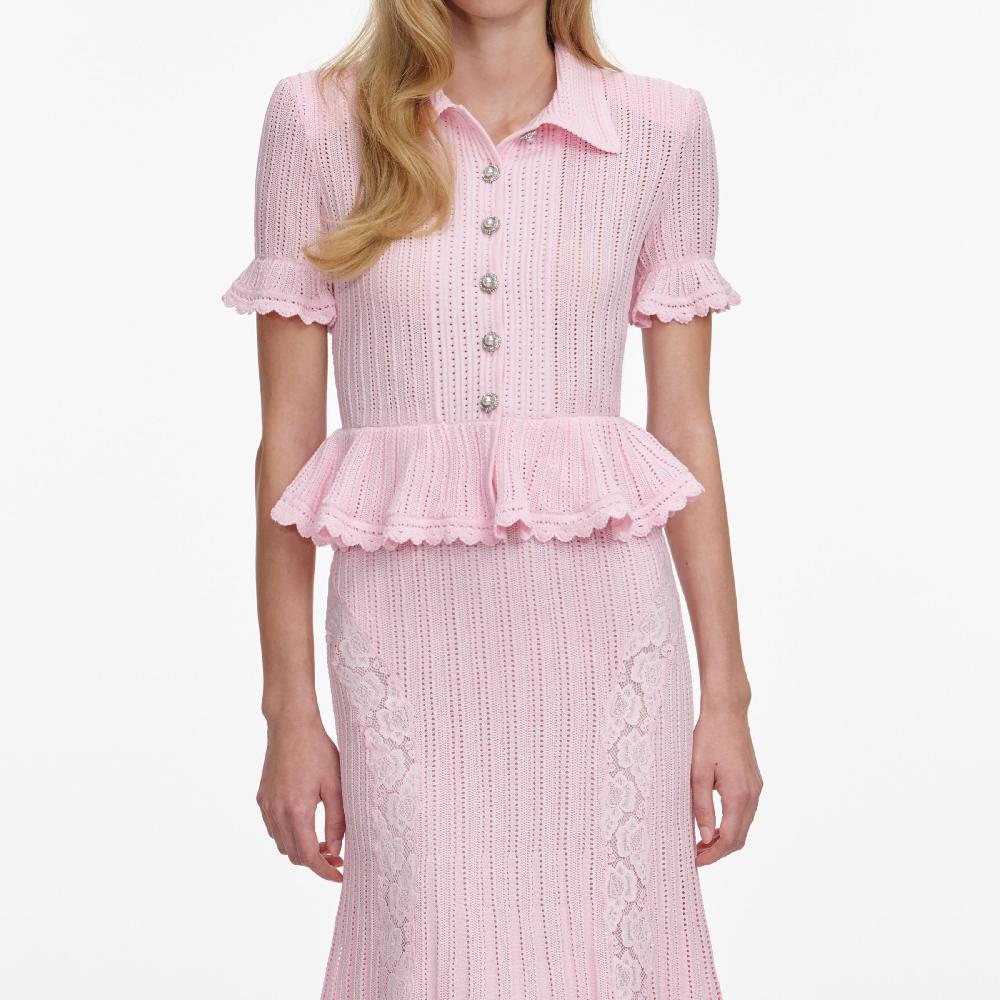 Self Portrait Pink Pointelle Peplum Knit Midi Dress CLOTHING