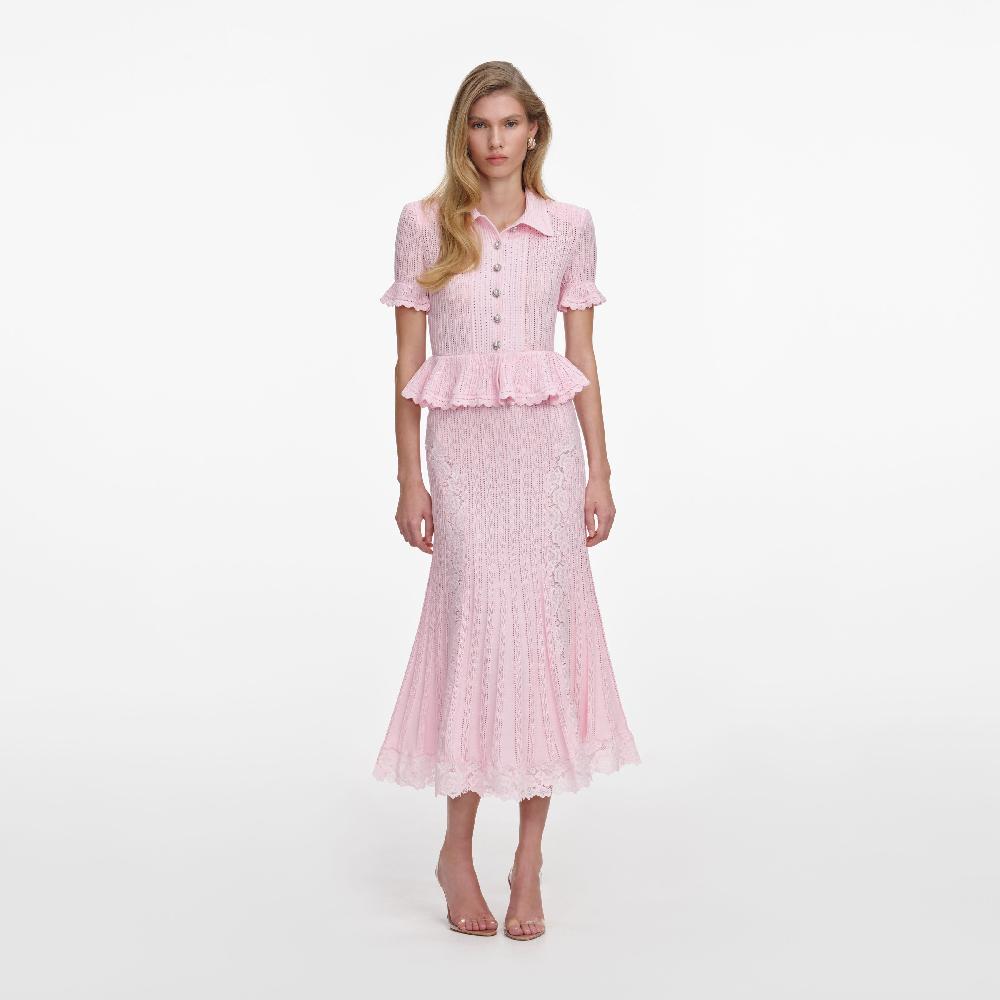 self portrait Pink Pointelle Peplum Knit Midi Dress CLOTHING