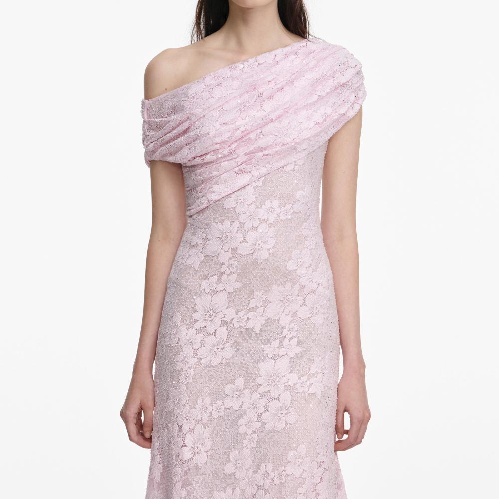 Self Portrait Pink Rhinestone Lace Asymmetric Midi Dress CLOTHING