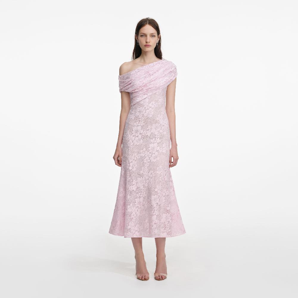 self portrait Pink Rhinestone Lace Asymmetric Midi Dress CLOTHING