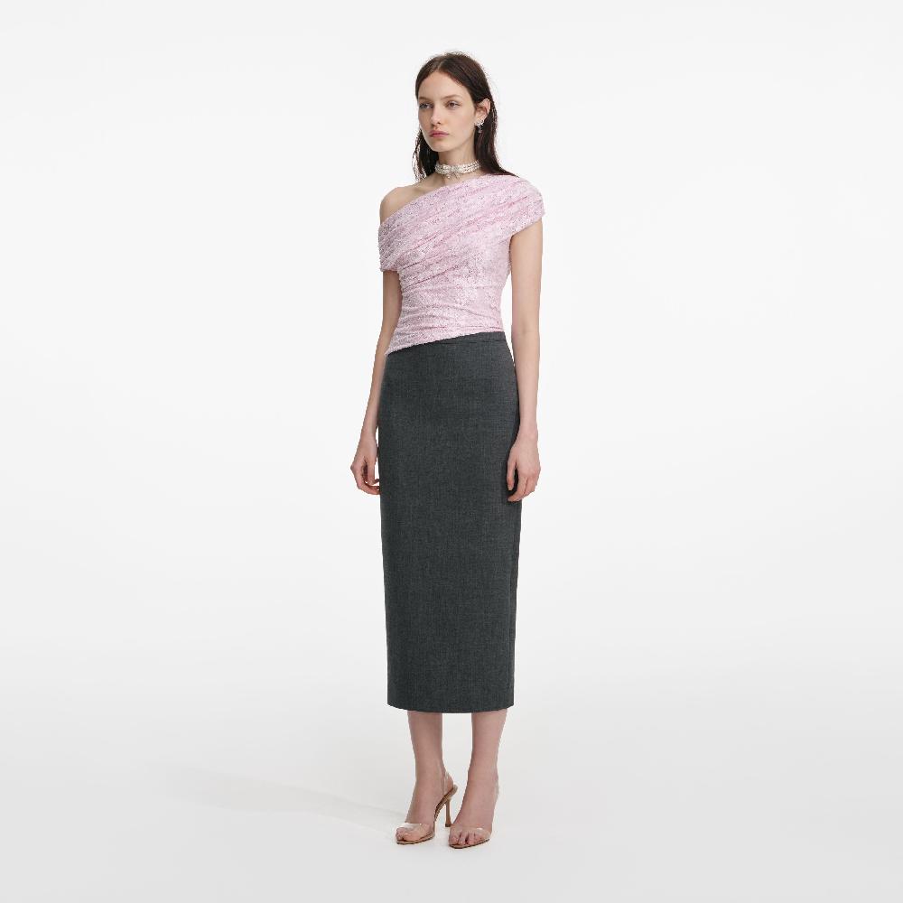 Self Portrait Pink Rhinestone Lace Drape Top CLOTHING