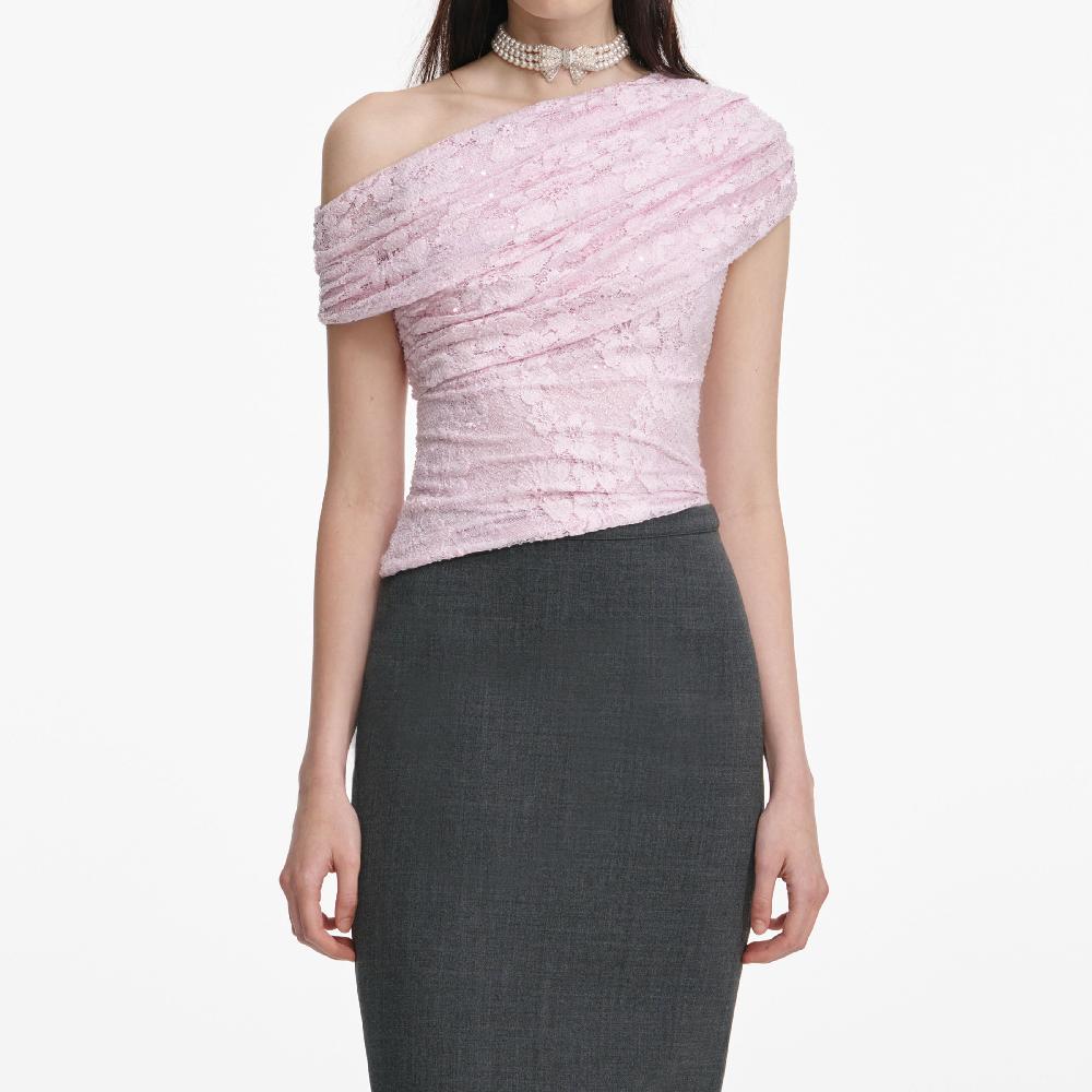 Self Portrait Pink Rhinestone Lace Drape Top CLOTHING