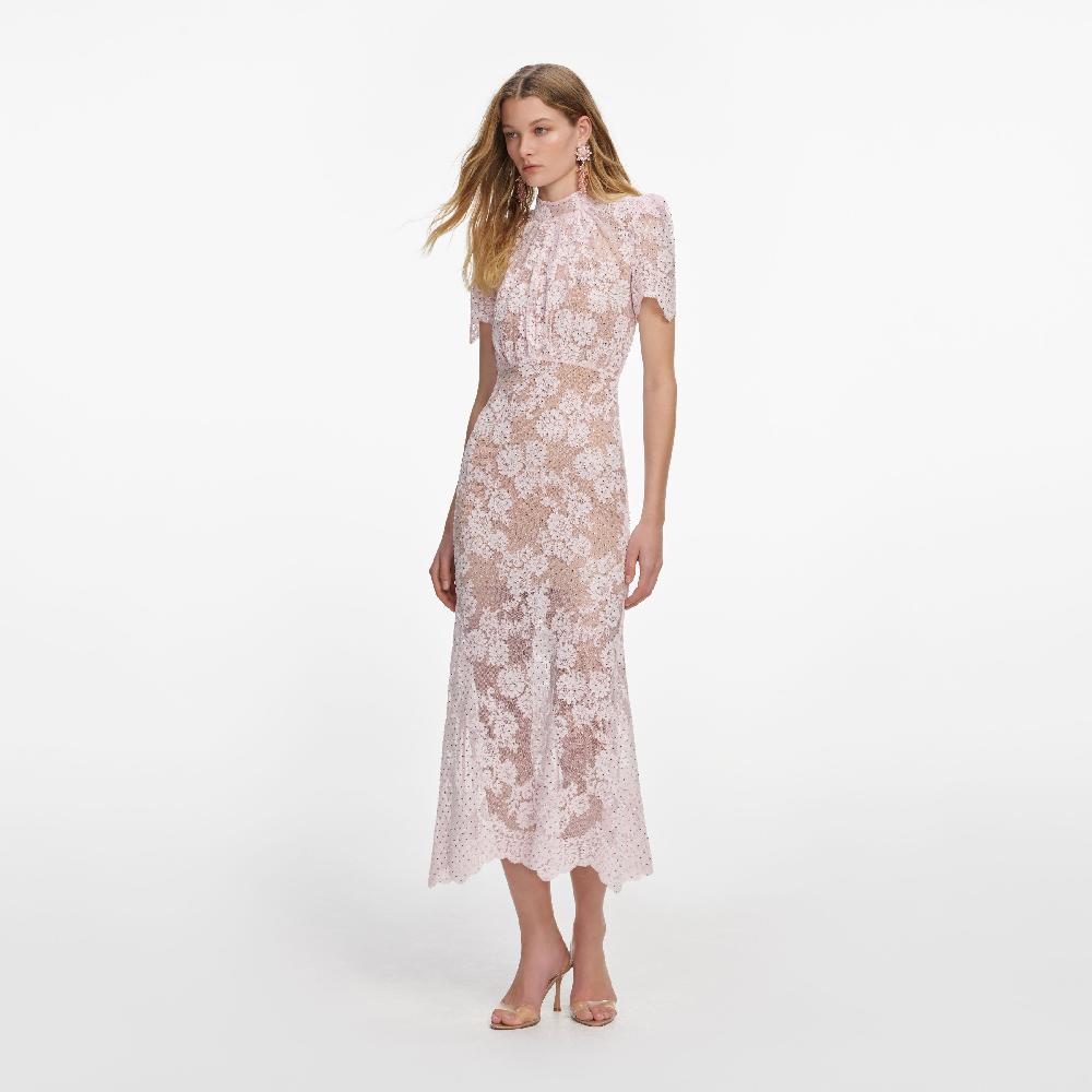 Self Portrait Pink Rhinestone Lace Midi Dress CLOTHING