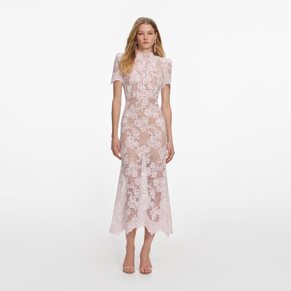 self portrait Pink Rhinestone Lace Midi Dress CLOTHING