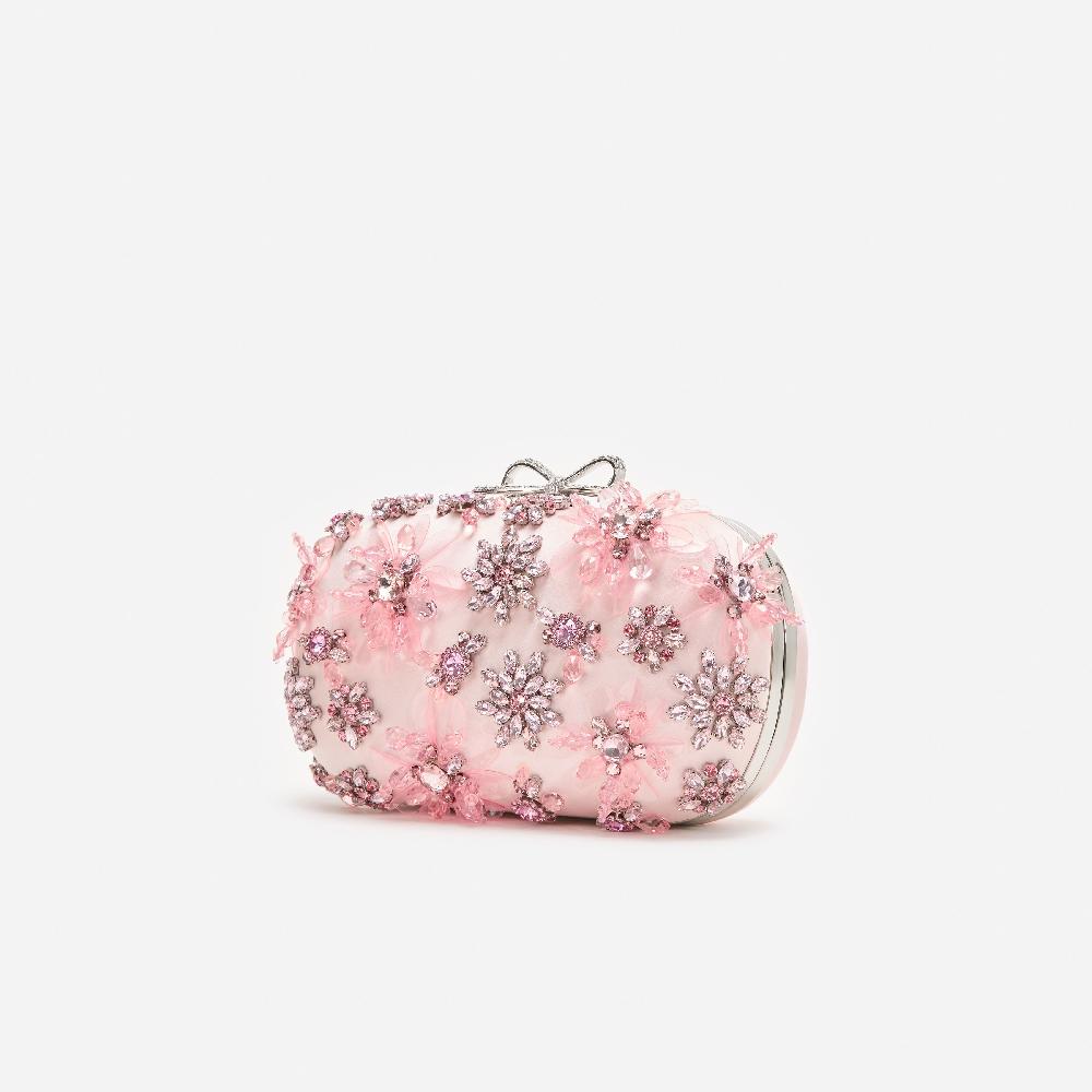 Self Portrait Pink Satin Floral Crystal Clutch BAGS