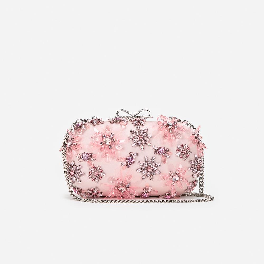 Self Portrait Pink Satin Floral Crystal Clutch BAGS