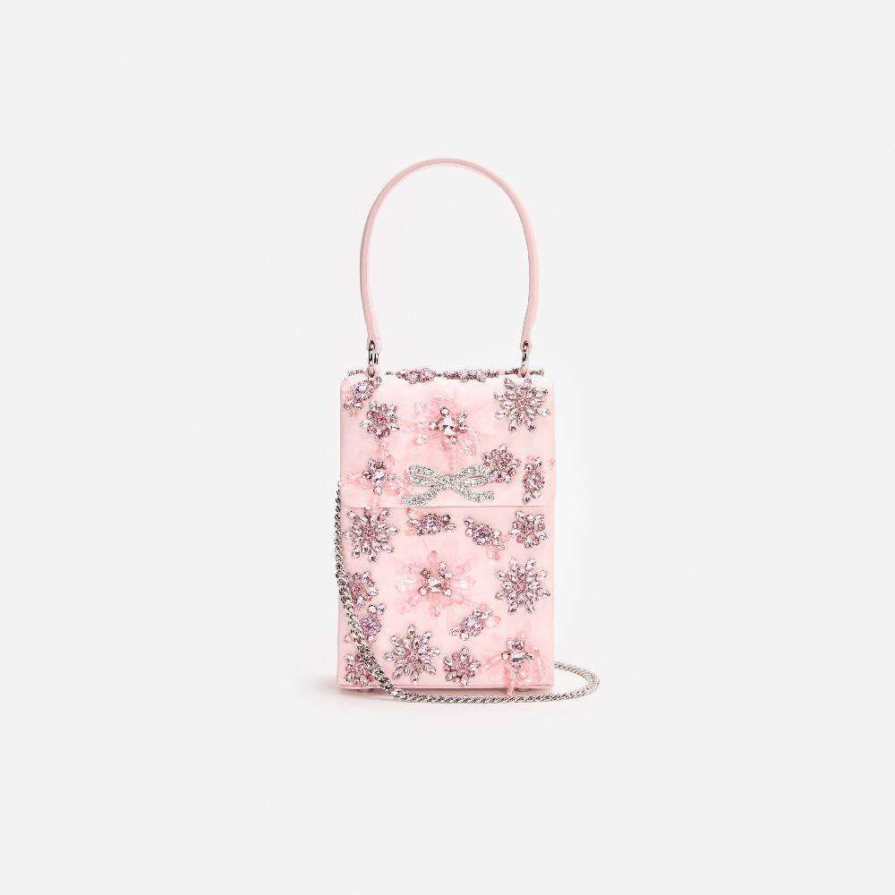Self Portrait Pink Satin Floral Crystal Mini Bag BAGS