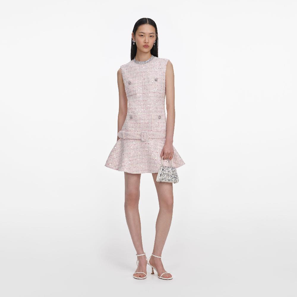 self portrait Pink Sequin Boucle Belted Mini Dress CLOTHING