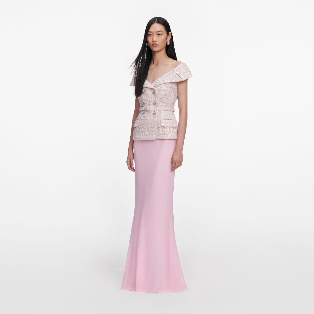 Self Portrait Pink Sequin Boucle Maxi Dress CLOTHING