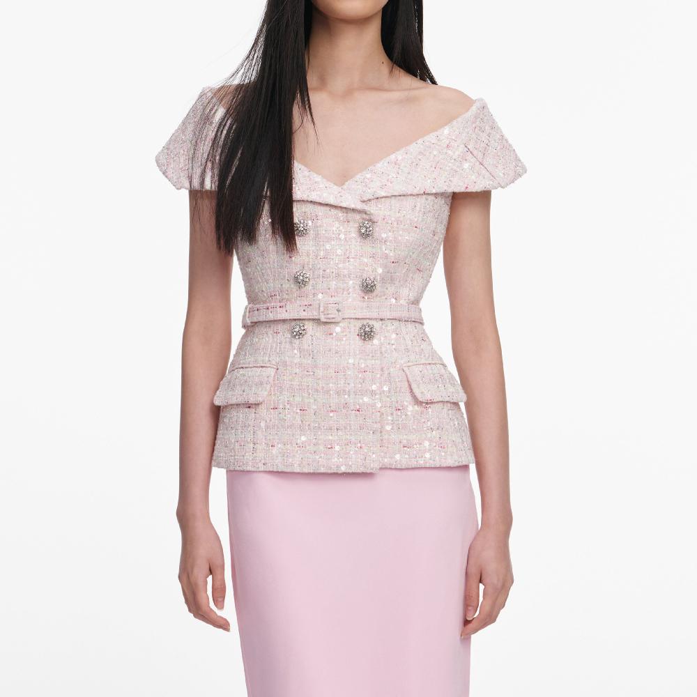 Self Portrait Pink Sequin Boucle Maxi Dress CLOTHING