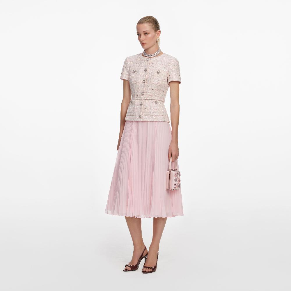 Self Portrait Pink Sequin Boucle Tailored Midi Dress CLOTHING