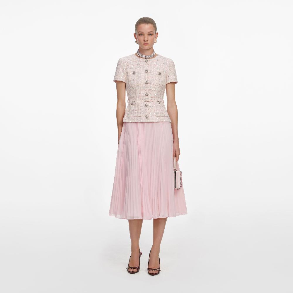 self portrait Pink Sequin Boucle Tailored Midi Dress CLOTHING