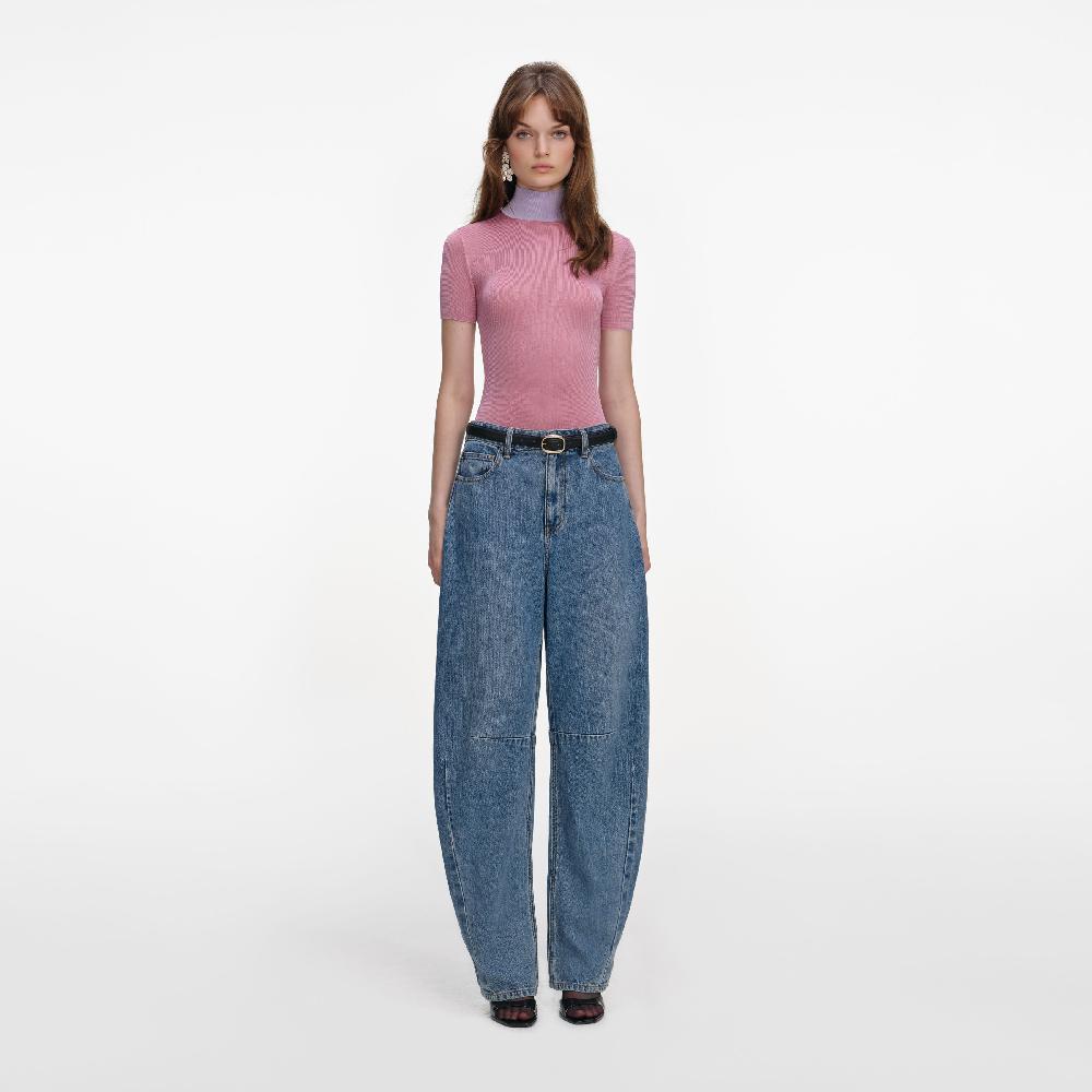 self portrait Pink Short Sleeve Viscose Knit Top CLOTHING