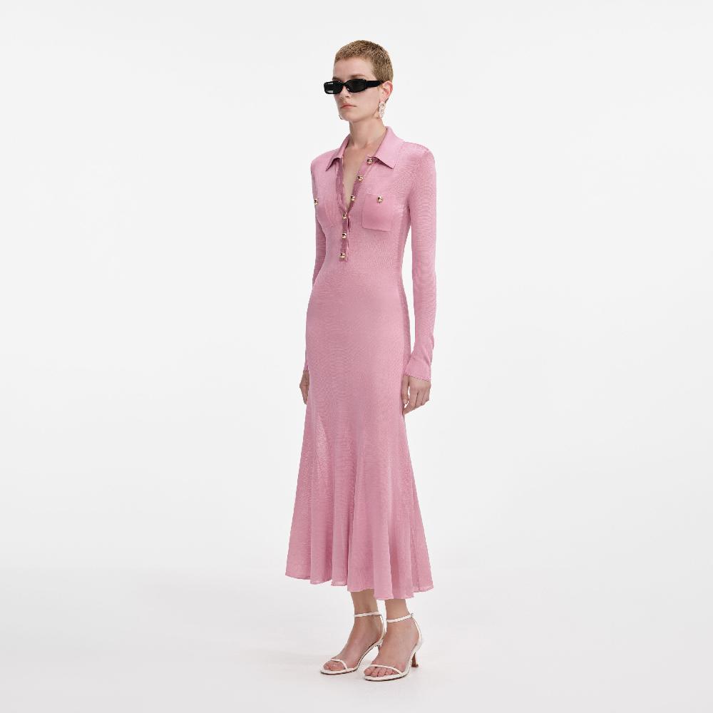 Self Portrait Pink Viscose Knit Midi Dress CLOTHING