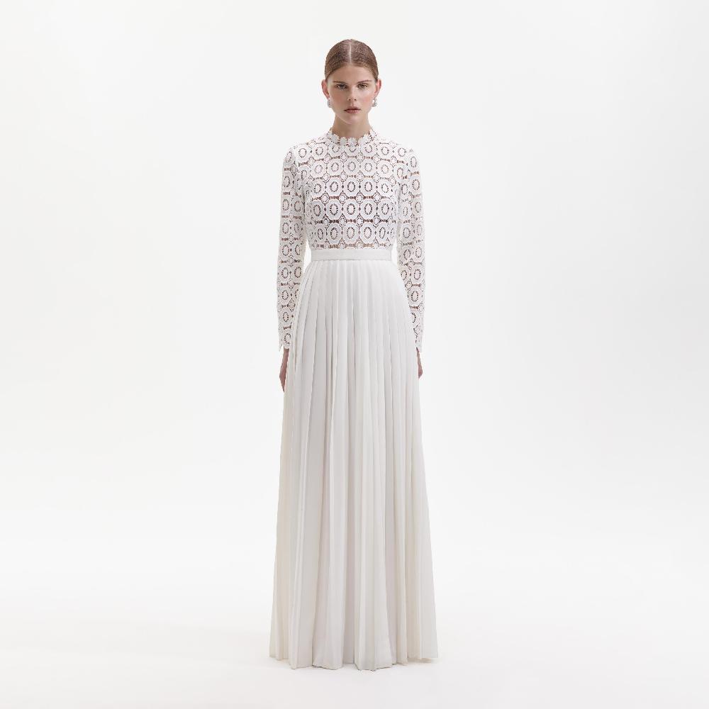 self portrait Pleated Crochet Floral Maxi Dress CLOTHING