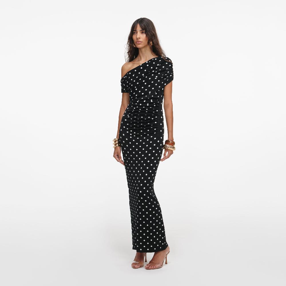 Self Portrait Polka Dot Draped Knit Midi Dress CLOTHING