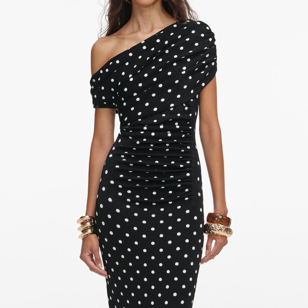 Self Portrait Polka Dot Draped Knit Midi Dress CLOTHING