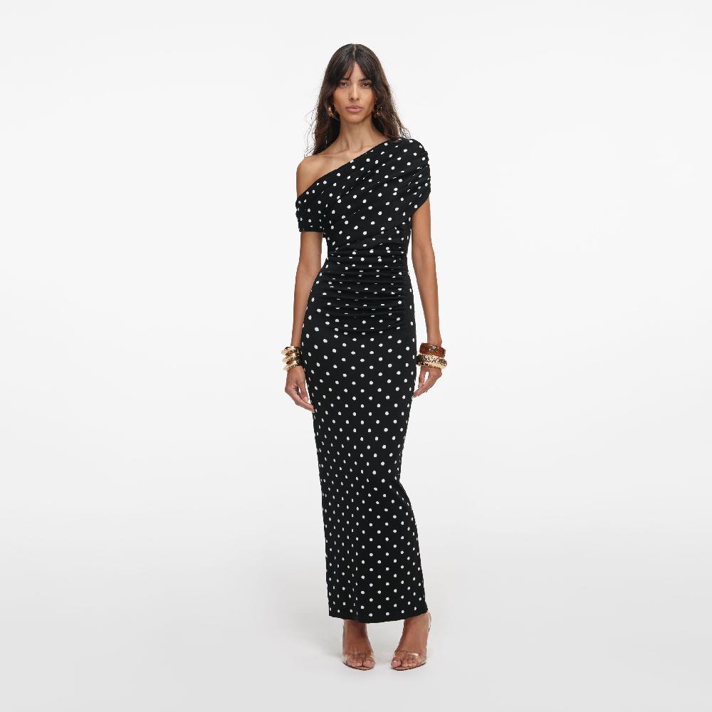 self portrait Polka Dot Draped Knit Midi Dress CLOTHING