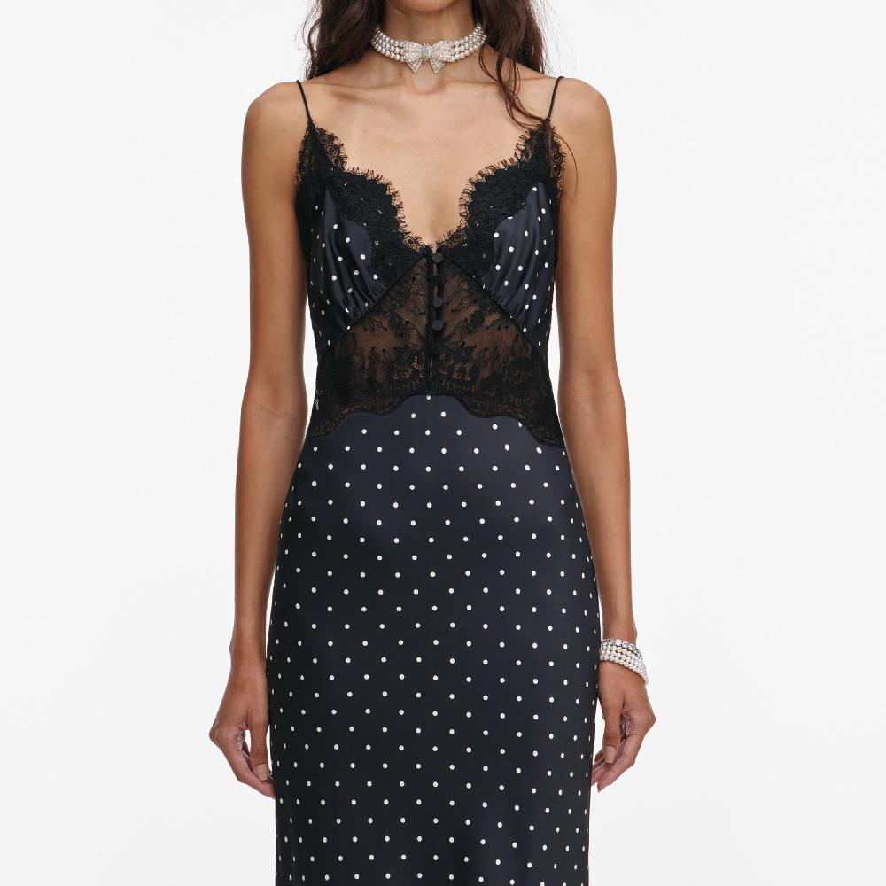 Self Portrait Polka Dot Satin Lace Maxi Dress CLOTHING
