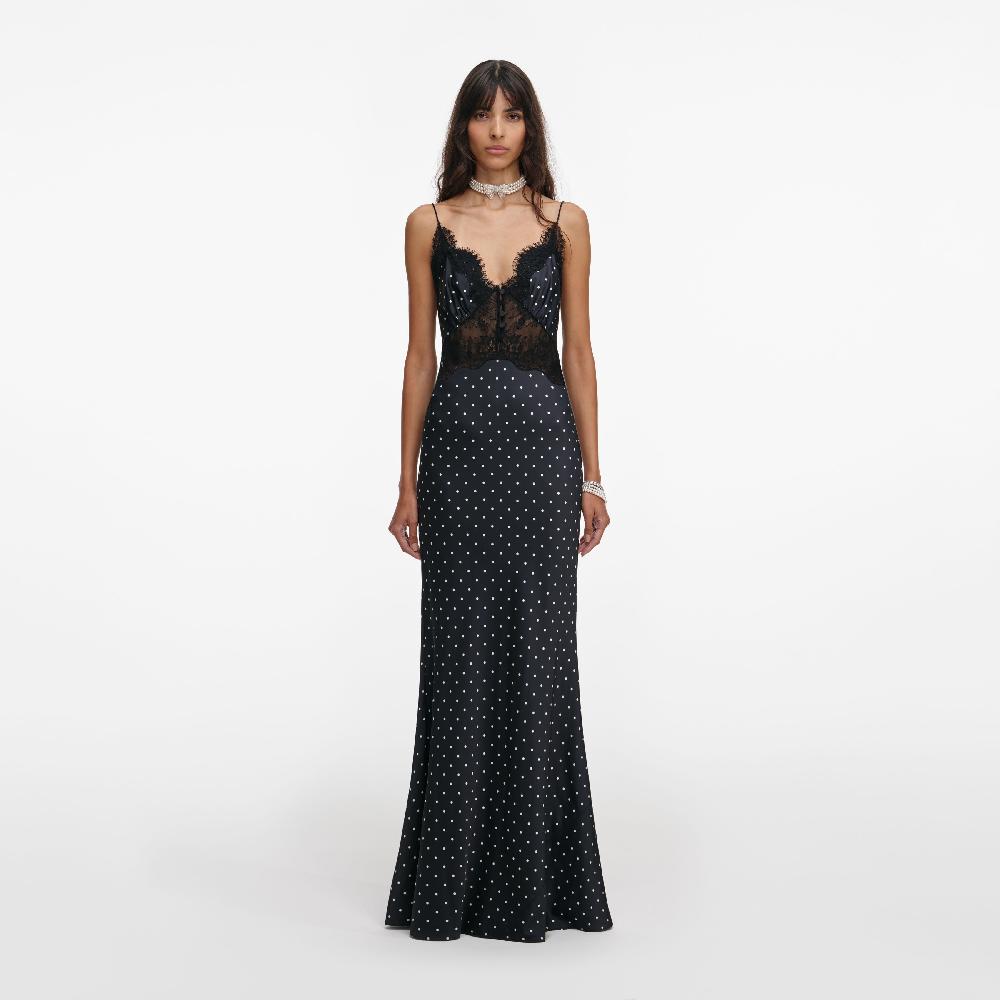self portrait Polka Dot Satin Lace Maxi Dress CLOTHING