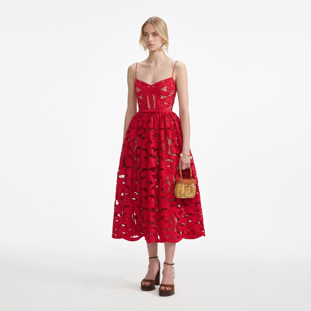 Self Portrait Red Bow Embroidered Midi Dress CLOTHING