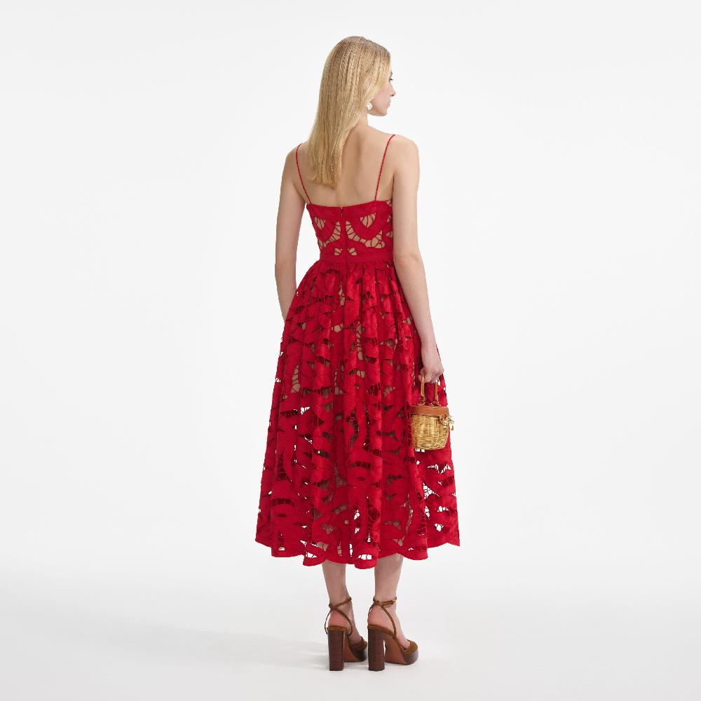 Self Portrait Red Bow Embroidered Midi Dress CLOTHING