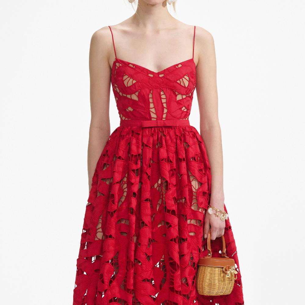 Self Portrait Red Bow Embroidered Midi Dress CLOTHING