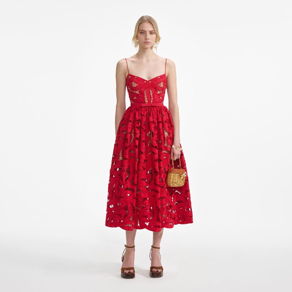 self portrait Red Bow Embroidered Midi Dress CLOTHING